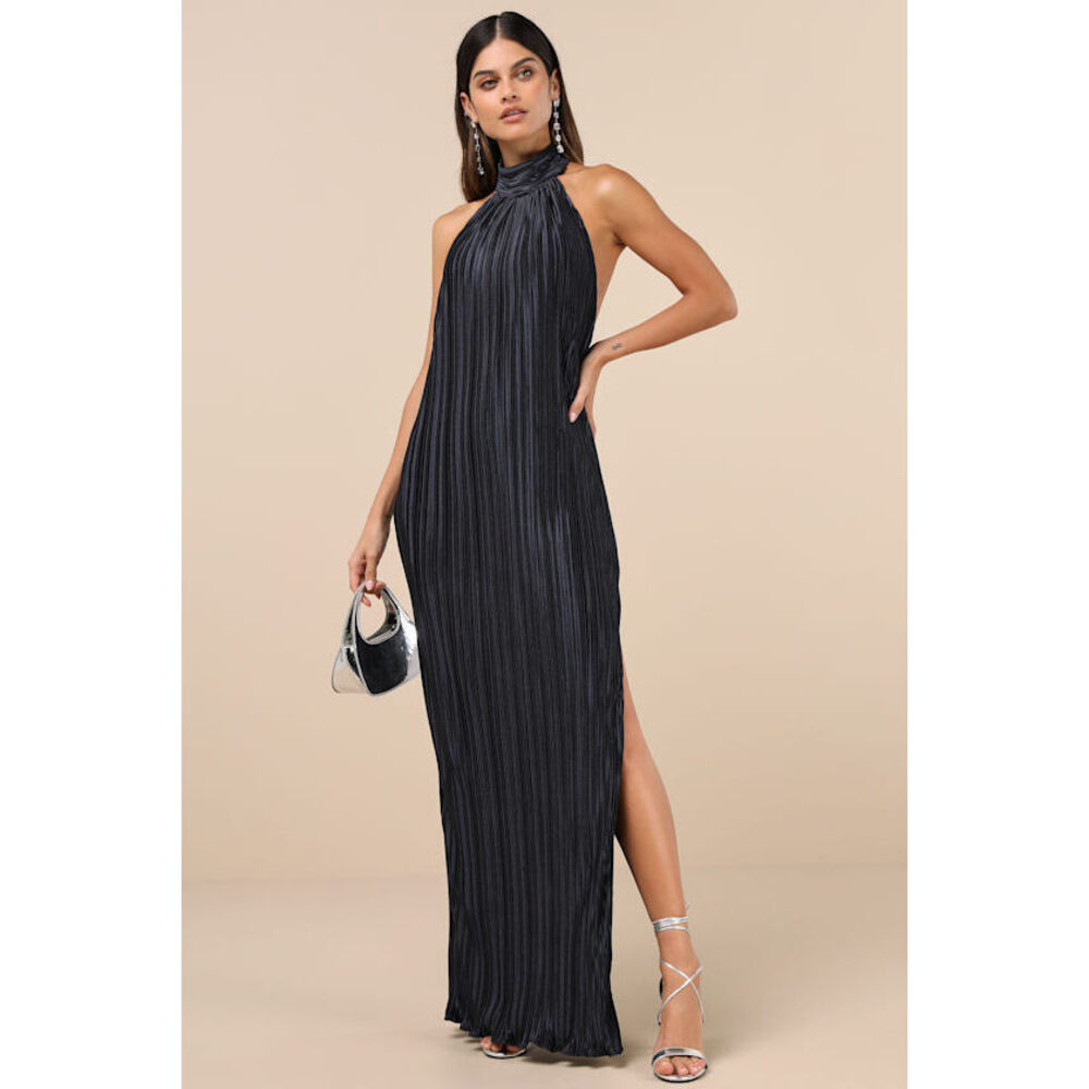 Lulus Gwenny Dark Navy Satin Plisse Maxi Dress Blue - Size S